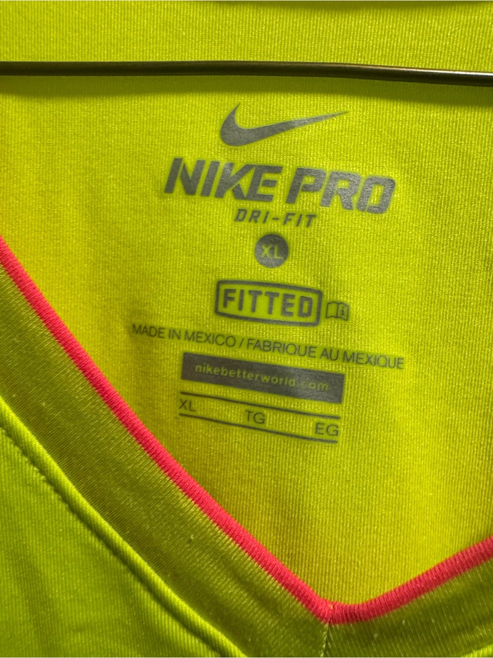 *Nike Womenâs Short Sleeve V-Neck Tee in Neon Yellow with Coral Logo - Picture 3 of 4